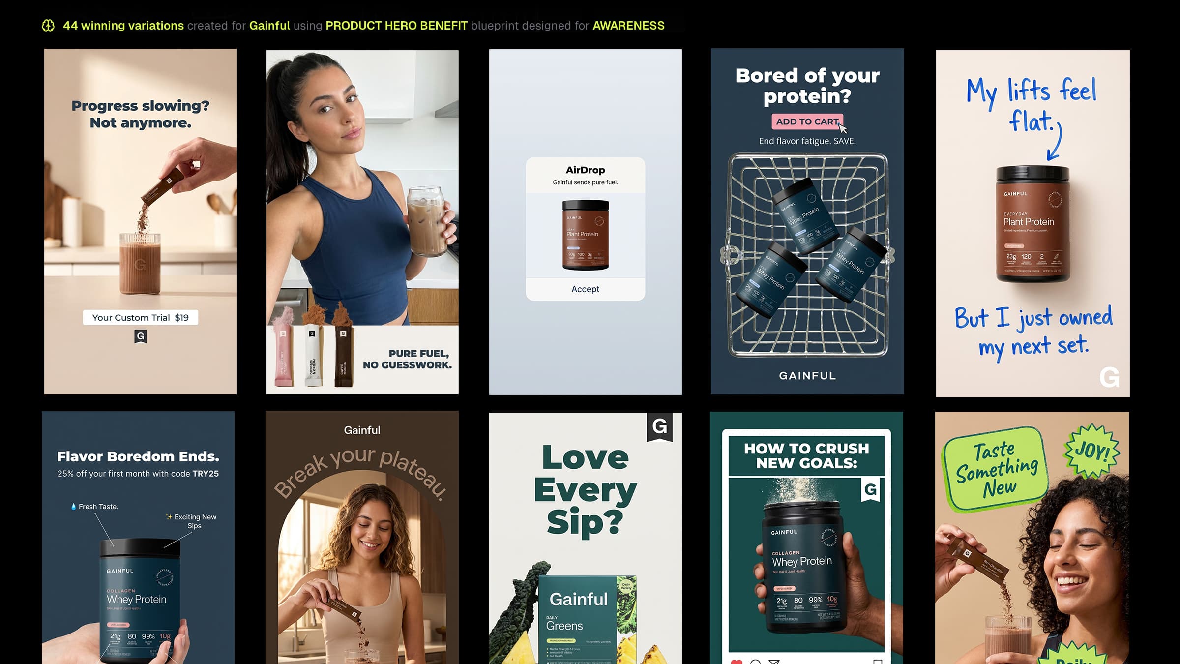 Heista Ad Creation — 44 winning Gainful static ad variations generated from a decoded Product Hero Benefit blueprint designed for awareness