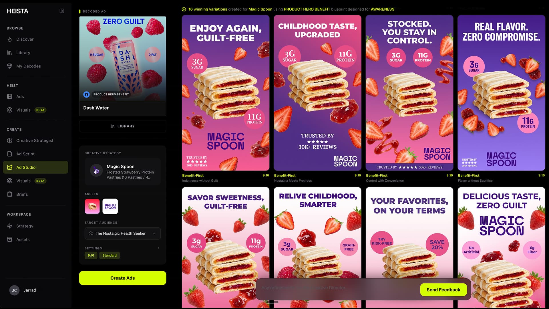 A grid of finished Magic Spoon static ad variations generated by Heista from a single decoded winning ad — different angles, copy, and product framing, all built on the same proven layout