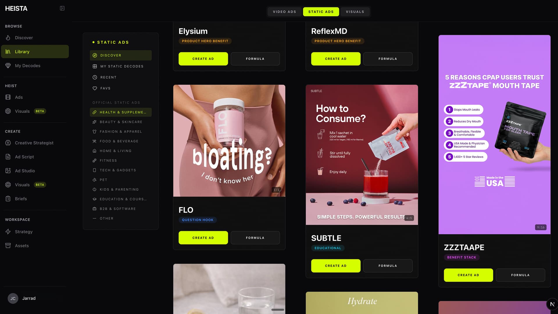 Heista official decoded static ad library showing FLO, Subtle, Elysium, ReflexMD, ZZZTAPE and more, with category filters for Health Supplements, Beauty Skincare, Fashion Apparel, Food Beverage, Home Living, Fitness, Tech Gadgets, Pet, Kids Parenting, Education, B2B Software, and Create Ad / Formula buttons on each ad