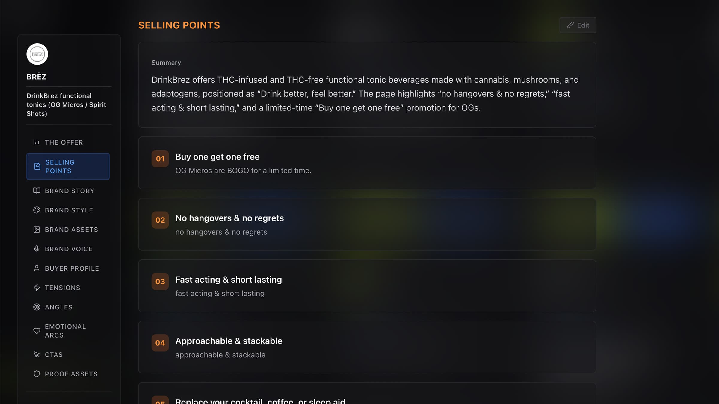 Heista Brand Strategy selling points panel for BREZ with ranked selling points auto-extracted from the brand website