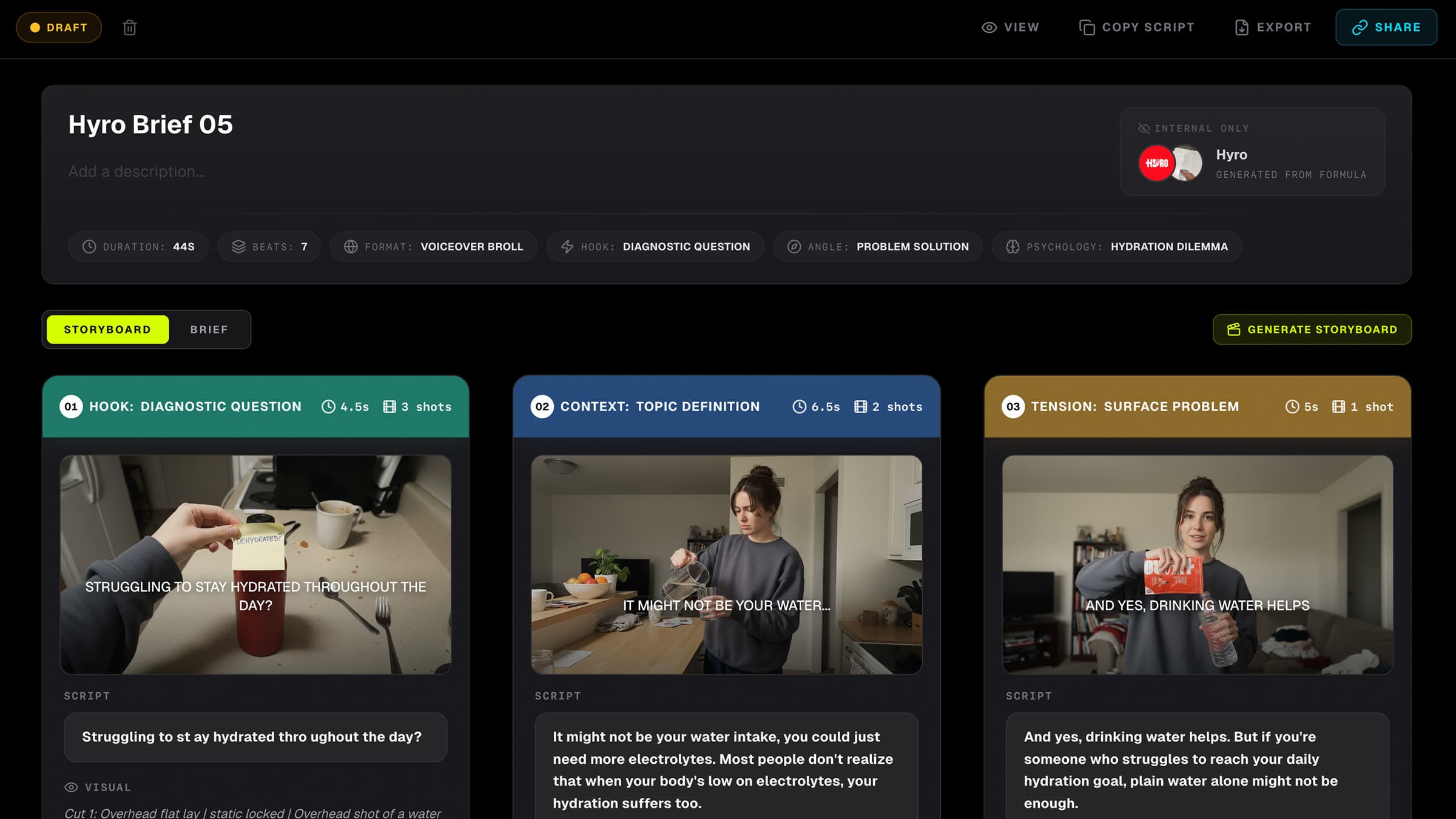 Heista Creative Briefs — shot-by-shot storyboard with AI-generated visuals for a Hyro hydration ad