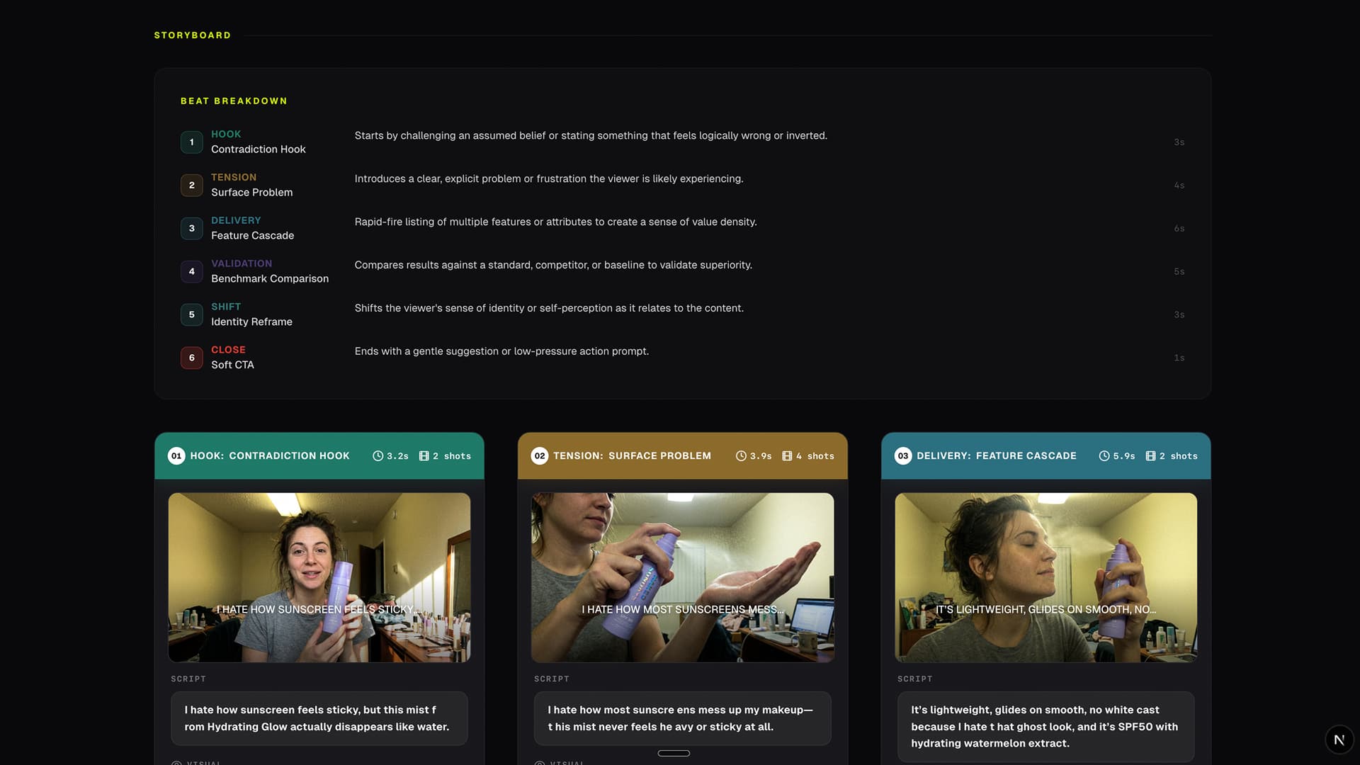 Heista creator brief for Vacation Inc Hydrating Glow Mist showing a beat breakdown (Hook, Tension, Delivery, Validation, Shift, Close) with timing, and shot cards for each beat with script, framing, and direction