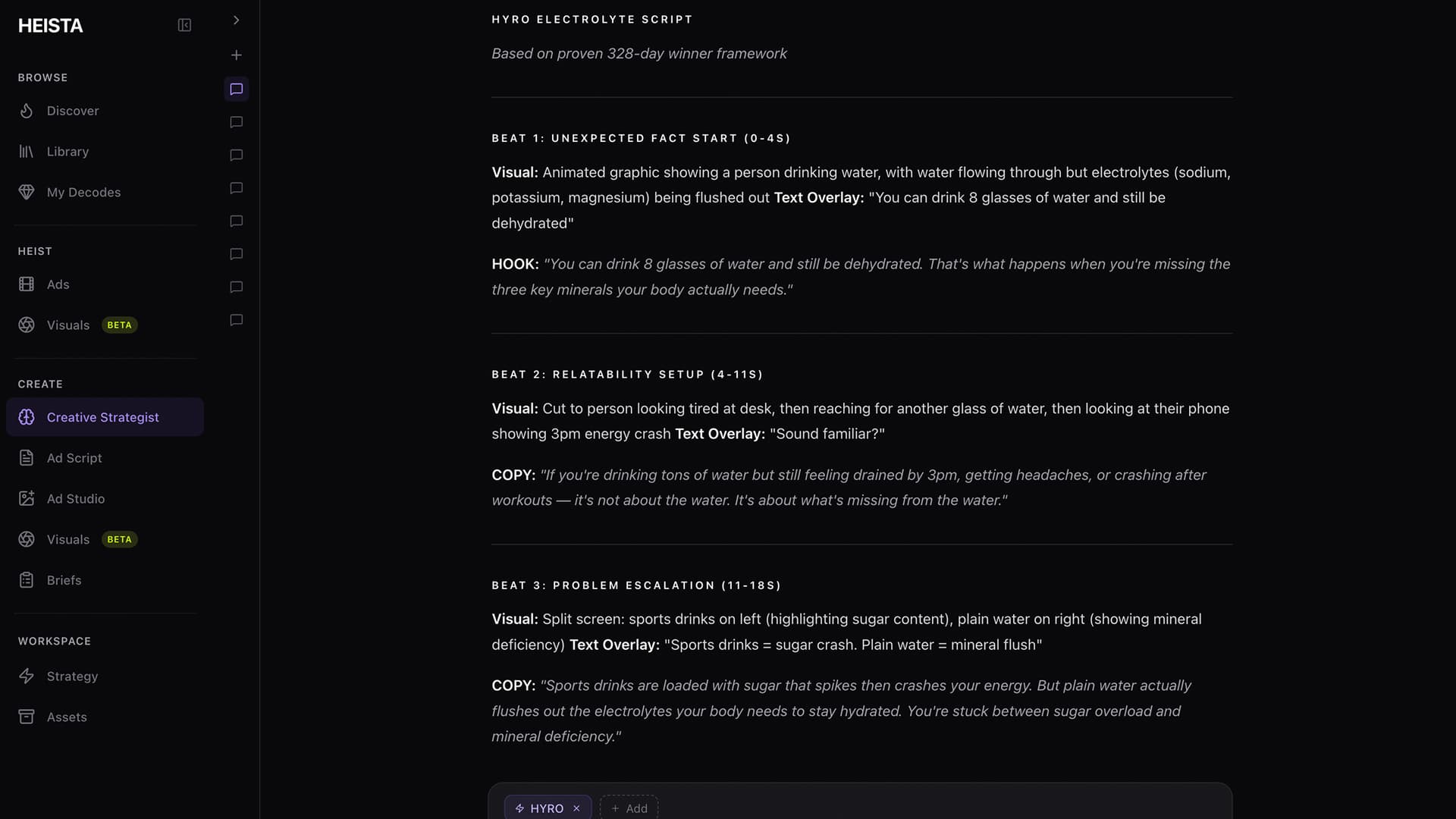 Heista Creative Strategist generating a full ad script for Hyro electrolyte built on a proven 328-day winner framework, with beat-by-beat breakdown including visual, text overlay, hook, and copy for each beat