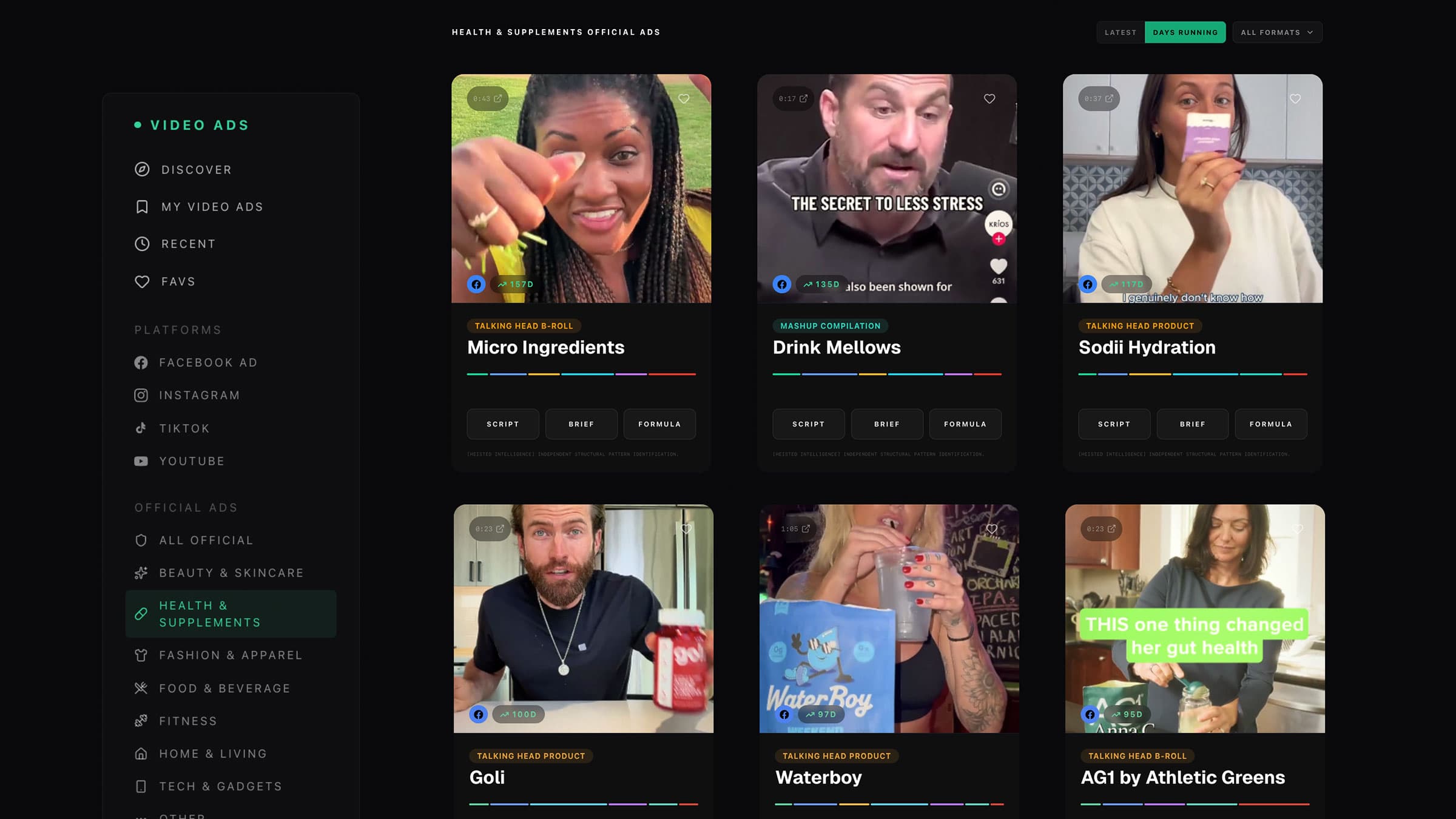 Heista Heist Library — browse winning ad formulas by category with decoded beats, scripts, and briefs