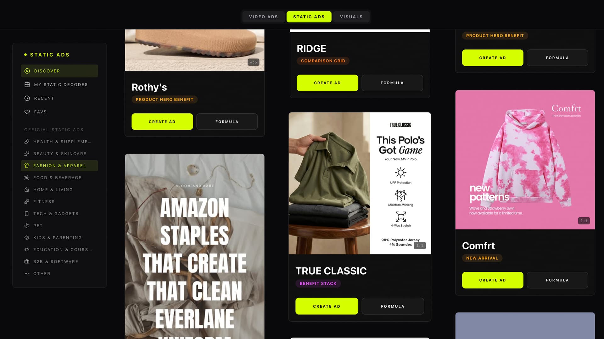 Heista Heist Library static ads view showing decoded image ad formulas from Rothy's, Ridge, True Classic, Comfrt, and Bloom and Babe, with category sidebar (Health, Beauty, Fashion, Food, Home, Fitness, Tech, Pet, Kids, Education, B2B) and Create Ad / Formula buttons on every card