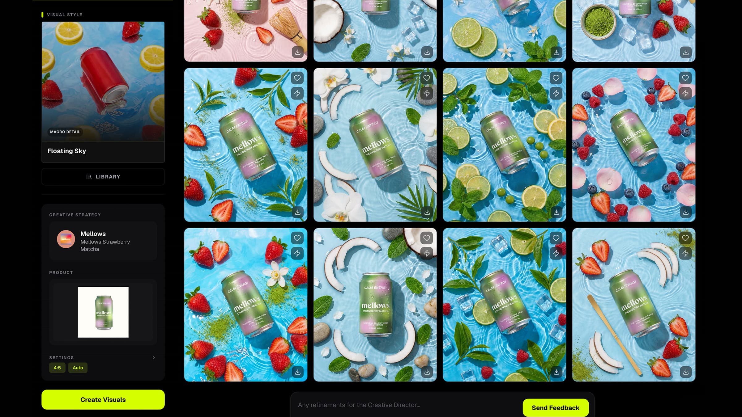 Heista Visual Studio — Mellows Strawberry Matcha product photography generated in Floating Sky style