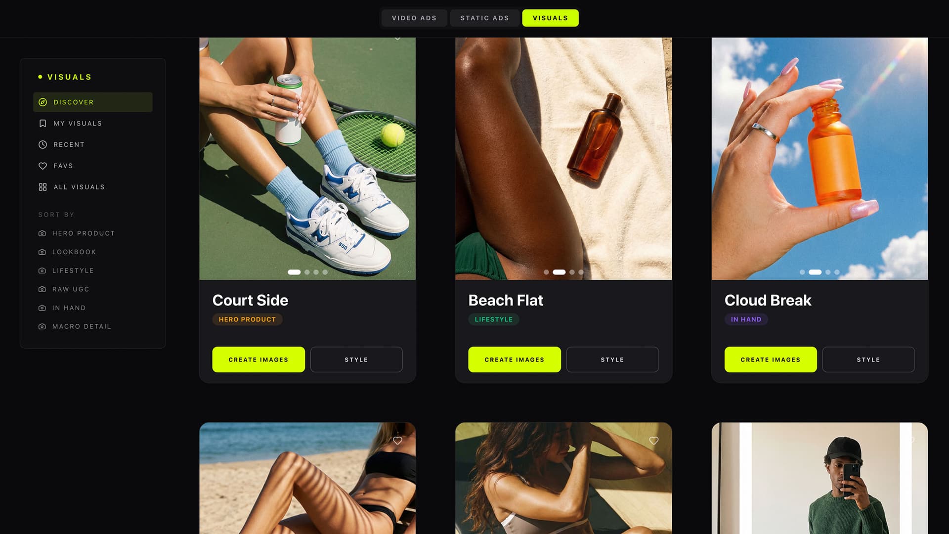 Heista Visual Styles — browse photography presets with Court Side, Beach Flat, and Cloud Break styles